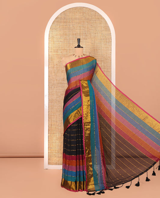 Black Khadi Mul Cotton Saree, Boldly Accentuated with Multi-Color Rainbow Stripes All Over Its Body, Highlighted by Zari Bavanji Border, a Self-Pallu, and Has No Blouse