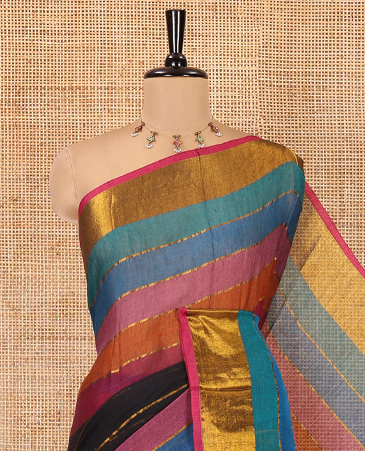Black Khadi Mul Cotton Saree, Boldly Accentuated with Multi-Color Rainbow Stripes All Over Its Body, Highlighted by Zari Bavanji Border, a Self-Pallu, and Has No Blouse