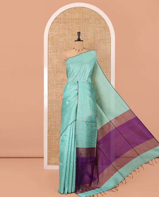Borderless Rama Semi-Raw Silk Saree, Decked Up with Muthu Stripes on Its Body, Complemented by a Contrast Zari Striped Pallu, and Paired with a Contrast Blouse