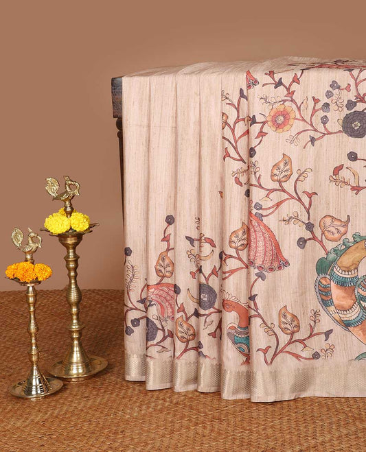 Chikku color kalamkari print kicha tussar saree with zari katti border & cheer pallu along with self plain blouse