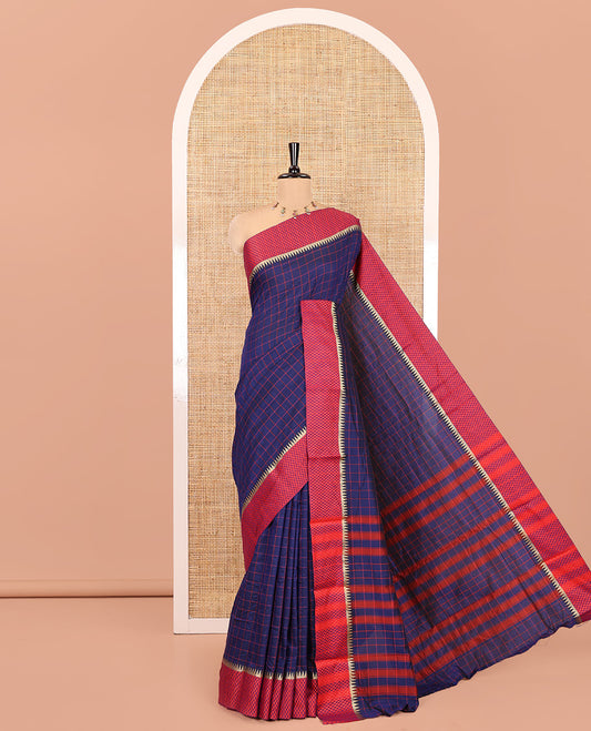 Royal Blue Checked Mercerised Cotton Saree, Contrast Temple Ara Maadam Border, Striped Pallu, and Matching Blouse