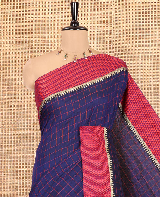 Royal Blue Checked Mercerised Cotton Saree, Contrast Temple Ara Maadam Border, Striped Pallu, and Matching Blouse