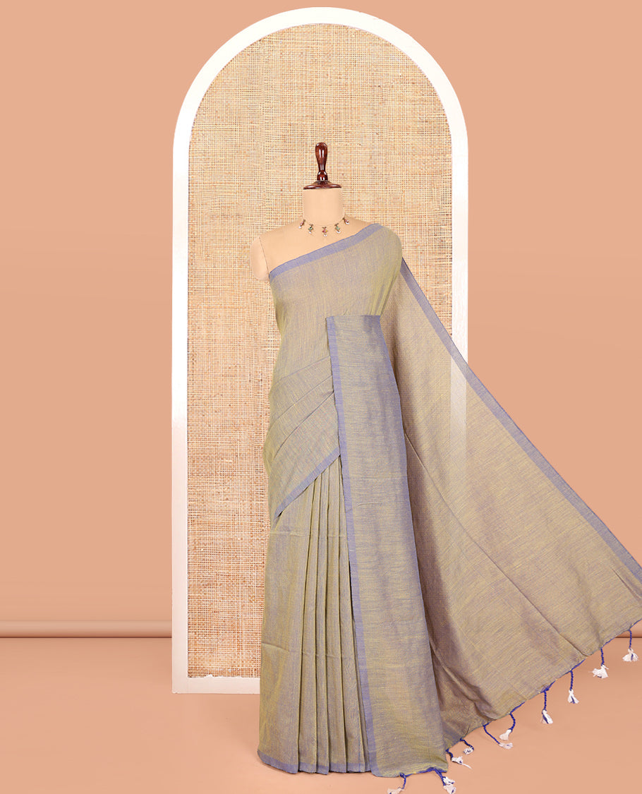 Borderless Blue-Grey Plain Khadi Cotton Saree, a Self-Pallu with Tassels, and a Matching Blouse