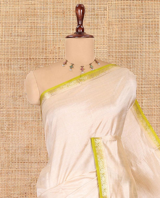 Chikku-Parrot Green Plain Semi-Tussar Saree, Complemented by Contrast Floral Creeper Zari Border, Striped Pallu and a Contrast Blouse