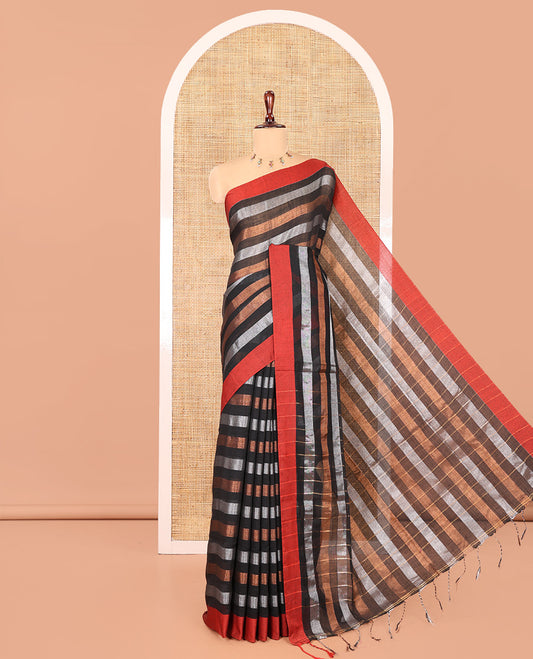 Black Khadi Mul Cotton Saree, Highlighted by Copper and Zari Stripes, a Contrast Plain Border, Striped Pallu, and Matching Blouse