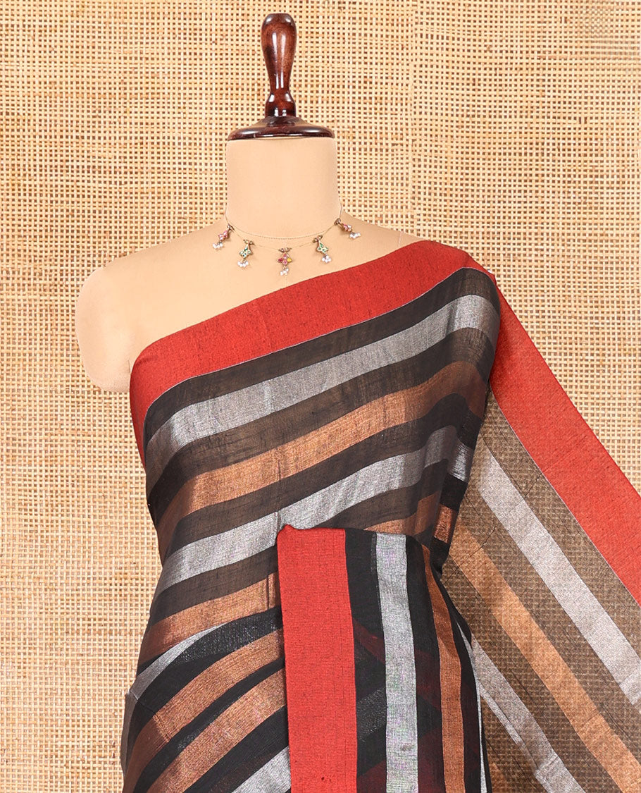 Black Khadi Mul Cotton Saree, Highlighted by Copper and Zari Stripes, a Contrast Plain Border, Striped Pallu, and Matching Blouse