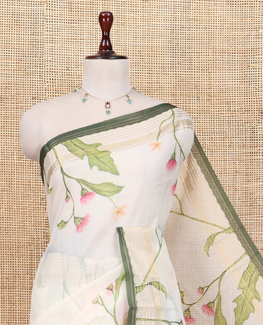 Cream Tissue Cotton Saree, Highlighted by Contrast Floral Printed Border, Floral Printed Pallu, and a Matching Blouse