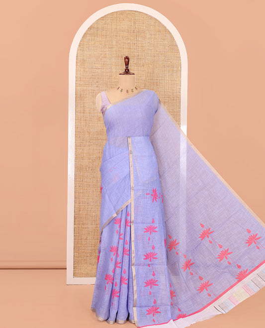 Borderless Lavender Linen Cotton Saree Features Lotus Print, a Self-Pallu, and a Matching Blouse