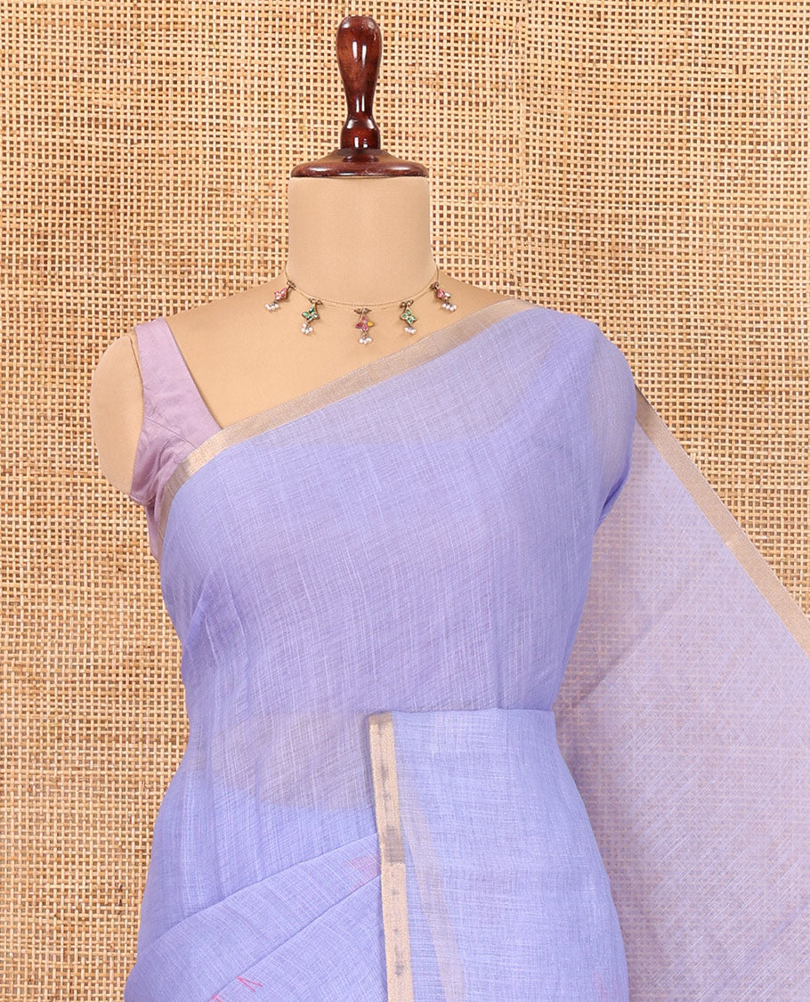 Borderless Lavender Linen Cotton Saree Features Lotus Print, a Self-Pallu, and a Matching Blouse