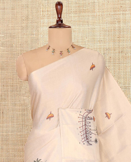 Borderless Gold Tissue Saree, Artfully Detailed with Kerala-Culture-Themed Print, and a Matching Blouse