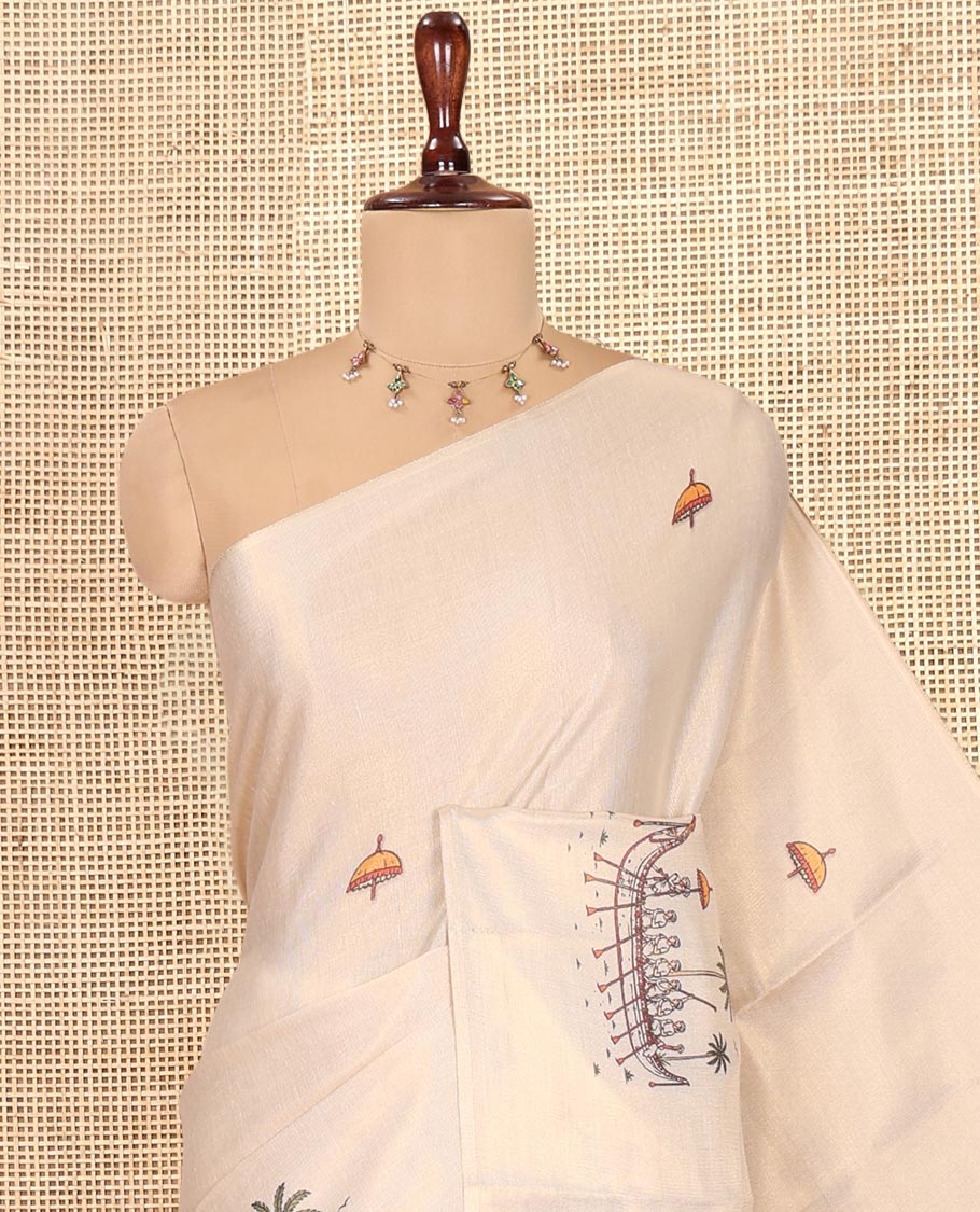 Borderless Gold Tissue Saree, Artfully Detailed with Kerala-Culture-Themed Print, and a Matching Blouse