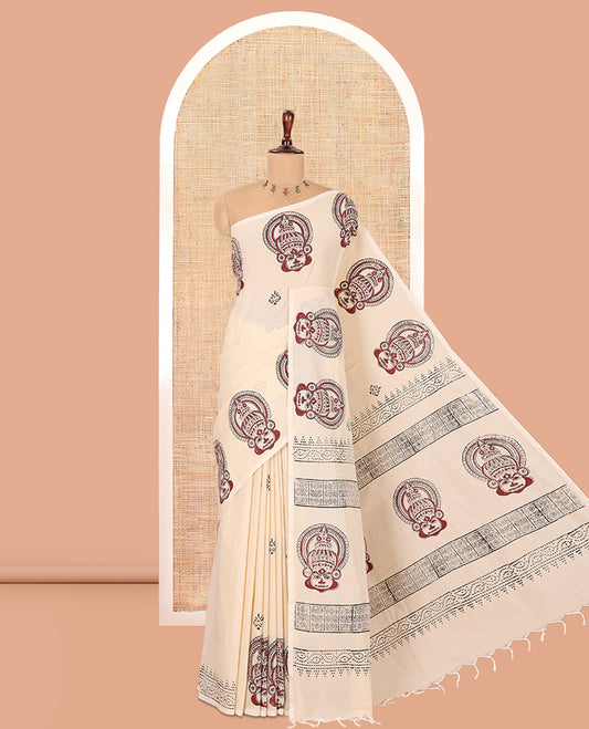 Borderless Cream Kathakali Buttas South Cotton Saree, a Printed Pallu, a Matching Blouse, a Contrast Block-Printed Blouse
