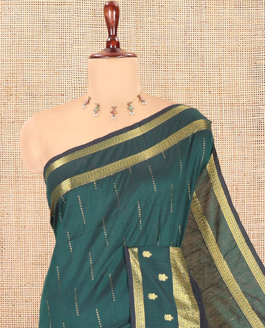 Green Kalyani Cotton Saree, Delicately Woven with Buttas, a Traditional Zari Border, Grand Pallu, and a Matching Blouse