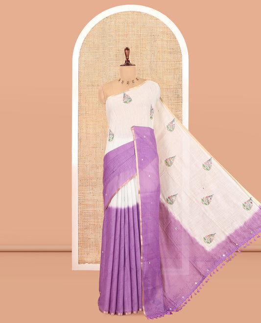 Cream-Lavender Linen Cotton Saree Features a Half-And-Half-Style Peacock Butta and Mirror Work, a Piping Border, a Contrast Blouse