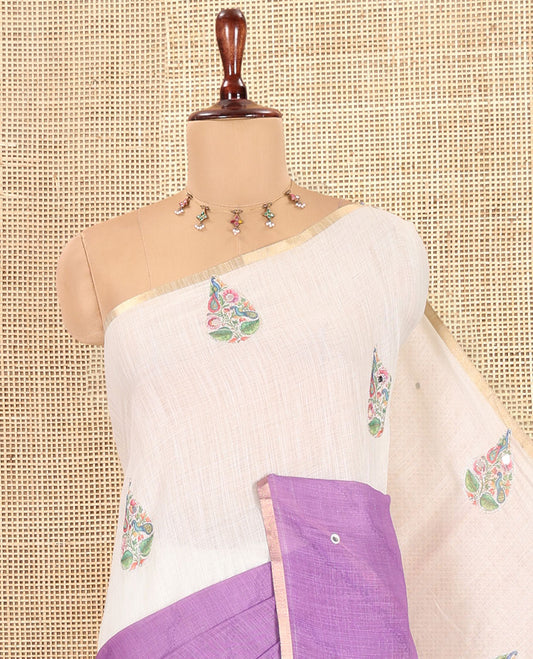 Cream-Lavender Linen Cotton Saree Features a Half-And-Half-Style Peacock Butta and Mirror Work, a Piping Border, a Contrast Blouse