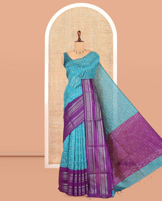 Blue Semi-Raw Silk Saree Features Maze-Like Checks, a Contrast Traditional Zari Border, Striped Pallu, and a Contrast Blouse