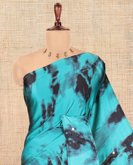 Borderless Rama Green Satin Crepe Saree, Ornamented with Shibori Print and Mirror Work, a Matching Blouse