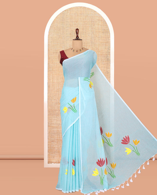 Borderless Sea Green Khadi Mul Cotton Saree