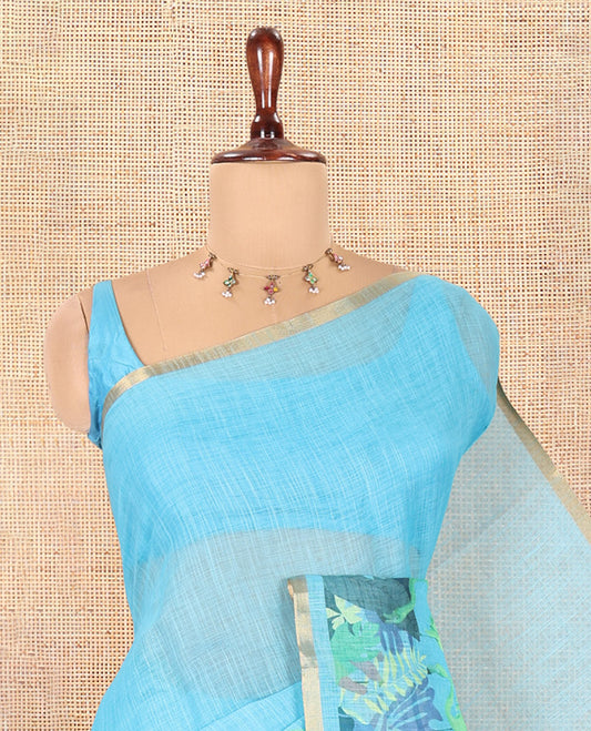 Sea Blue Plain Linen Cotton Saree