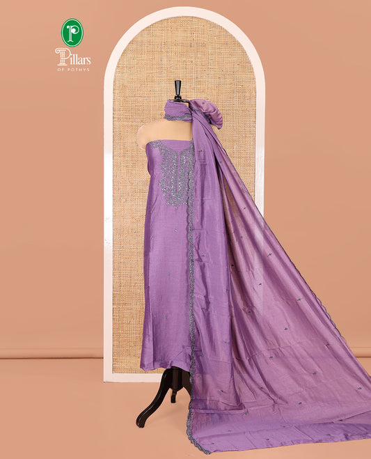Lavender Vichitra Silk Material Chudidar Set, Sparsely Woven with Embroidered Top, a Plain Santoon Bottom, and Paired with a Matching Vichitra Silk Embroidered Scallop Dupatta