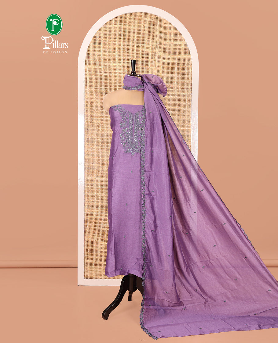 Lavender Vichitra Silk Material Chudidar Set, Sparsely Woven with Embroidered Top, a Plain Santoon Bottom, and Paired with a Matching Vichitra Silk Embroidered Scallop Dupatta