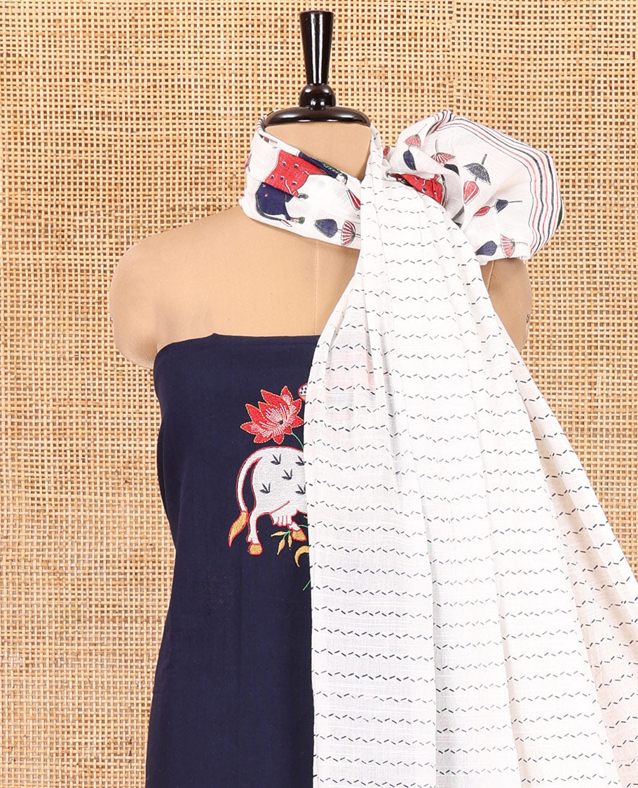 Blue Material Chudidar Set, Artfully Woven with Pichwai Cow Motifs Embroidered Cotton Top, Complemented by a Contrast Plain Cotton Bottom, Paired with Pichwai Printed Dupatta