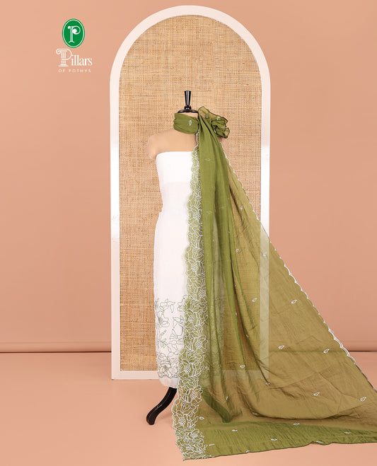 Cream-Green Organza Material Chudidar, Floral Thread Embroidery Top, Contrast Bottom, and Embroidered Scallop Dupatta