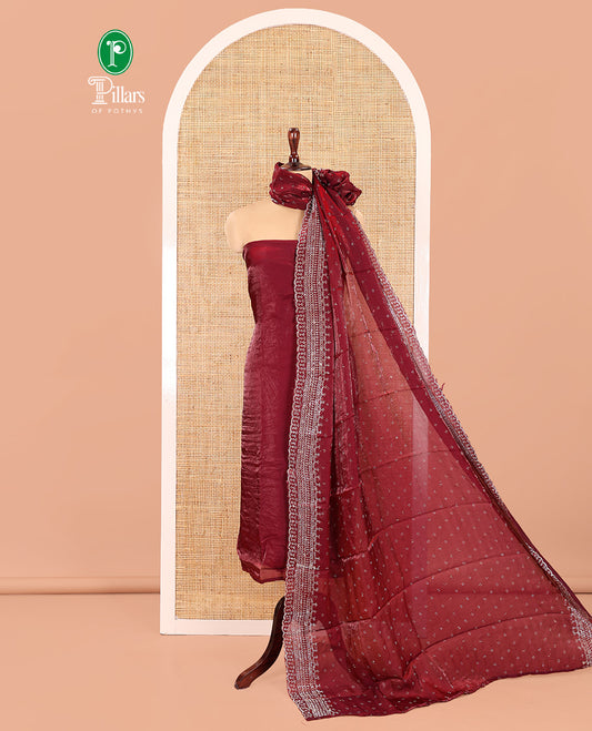 Wine Fendi Organza Material Chudidar Fetaures Pom-Pom-Neckline Top, Plain Bottom, and Scallop Embroidered Dupatta
