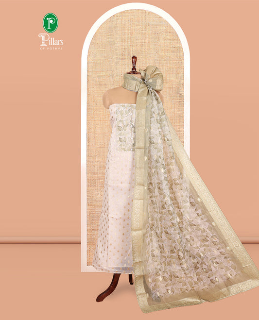 Cream-Pista Banarasi Tissue Chanderi Material Chudidar, Buttas Top, Contrast Bottom, Floral Print Dupatta