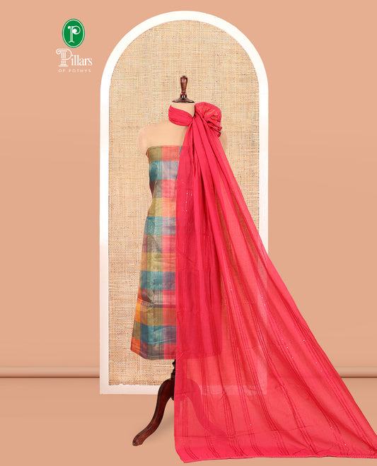 Multi-Color Shimmer Tissue Material Churidar, Enthralled with Madras Checks Neckwork Top, a Contrast Bottom, Sequins Striped Dupatta
