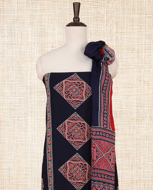 navy blue ajrak print rayon chudidhar material top with rayon material printed pant & mul mul votton ajrak printed dupatta