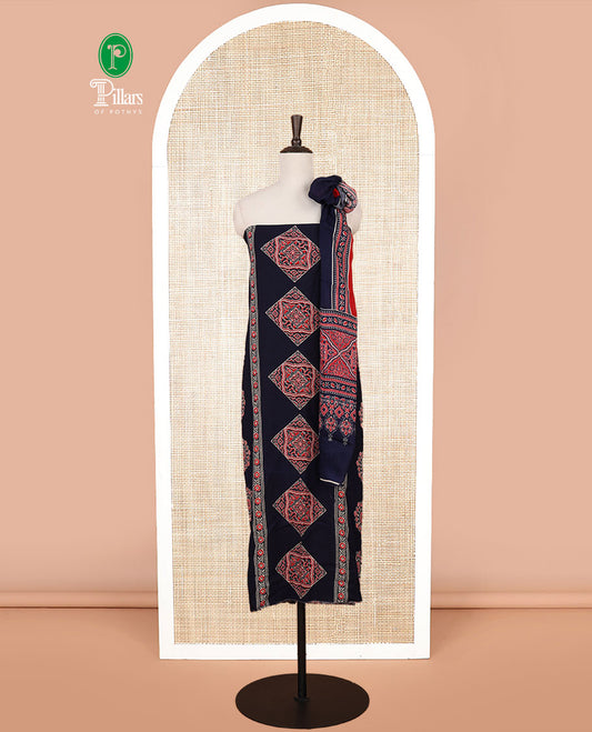 navy blue ajrak print rayon chudidhar material top with rayon material printed pant & mul mul votton ajrak printed dupatta
