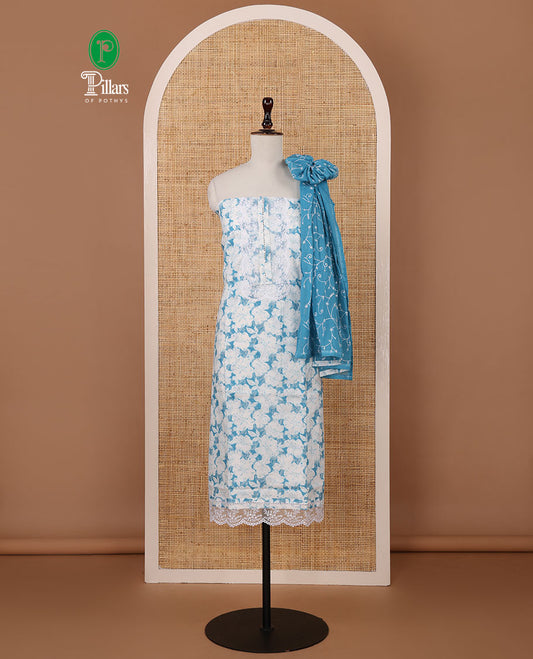 Blue cotton chudidar material set,floral print with daman floral neck embroidery top,plain bottom & floral jaal embroidery dupatta