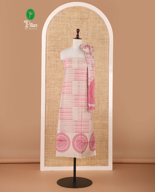 Chikku semi-tussar material chudidar set,geometric & round peacock motif print top, pink bottom & geometric & round peacock print dupatta