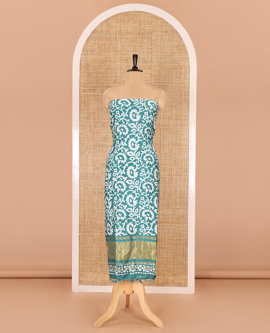 Rama green material chudidar set, floral vine batik printed gajji silk top, batik printed rayon bottom, and a batik printed gajji silk dupatta