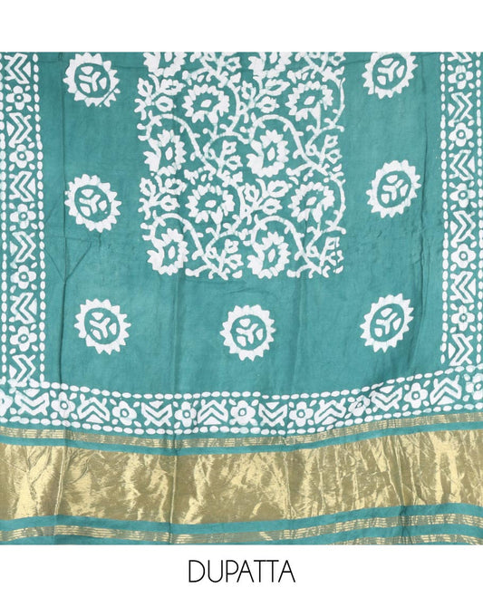 Rama green material chudidar set, floral vine batik printed gajji silk top, batik printed rayon bottom, and a batik printed gajji silk dupatta