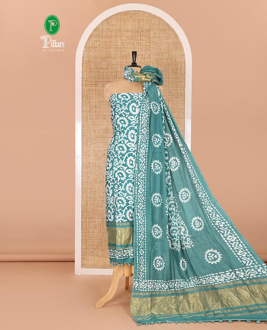 Rama green material chudidar set, floral vine batik printed gajji silk top, batik printed rayon bottom, and a batik printed gajji silk dupatta