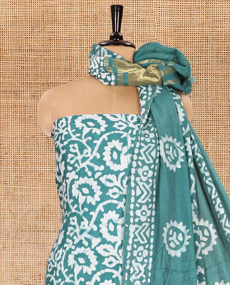 Rama green material chudidar set, floral vine batik printed gajji silk top, batik printed rayon bottom, and a batik printed gajji silk dupatta