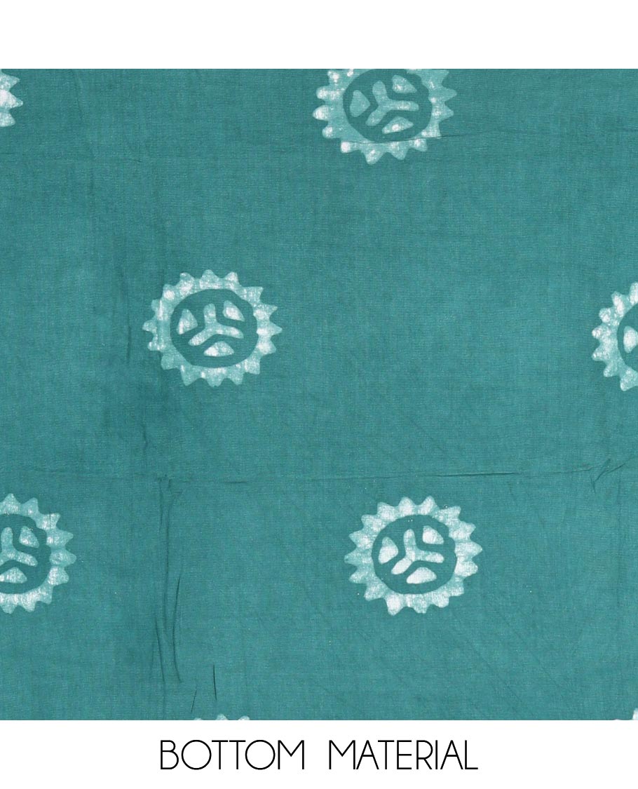 Rama green material chudidar set, floral vine batik printed gajji silk top, batik printed rayon bottom, and a batik printed gajji silk dupatta