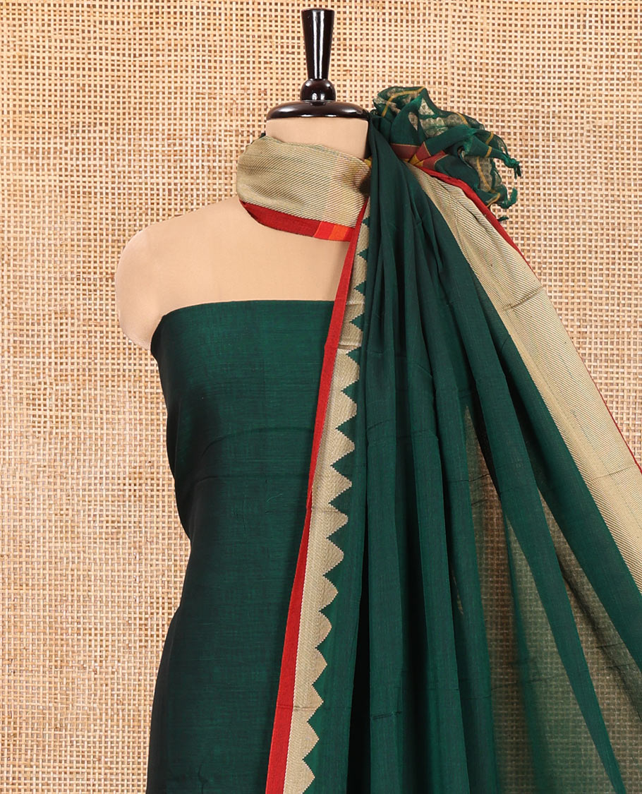 Green Mercerised Cotton Material Churidar Set, Featuring Plain and Temple Bordered Top, Comes with a Plain Mercerised Cotton Bottom, and Paired with a Mercerised Cotton Temple-Patterned Dupatta
