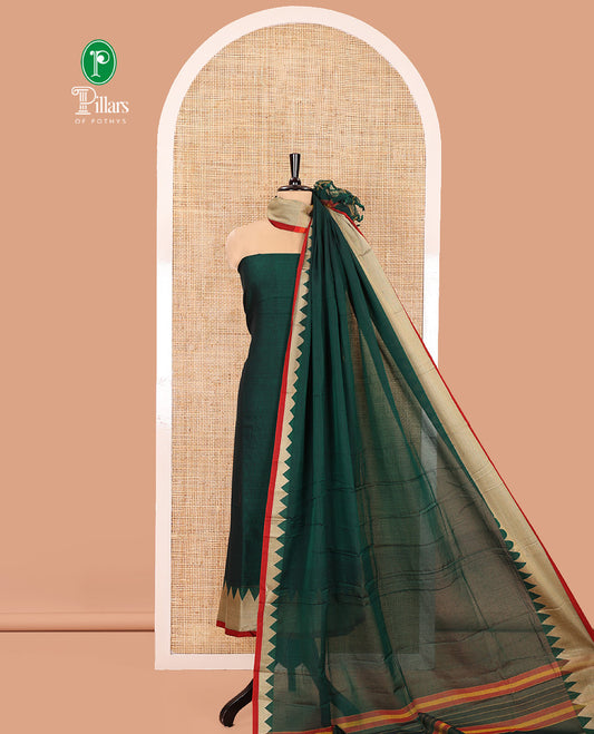 Green Mercerised Cotton Material Churidar Set, Featuring Plain and Temple Bordered Top, Comes with a Plain Mercerised Cotton Bottom, and Paired with a Mercerised Cotton Temple-Patterned Dupatta
