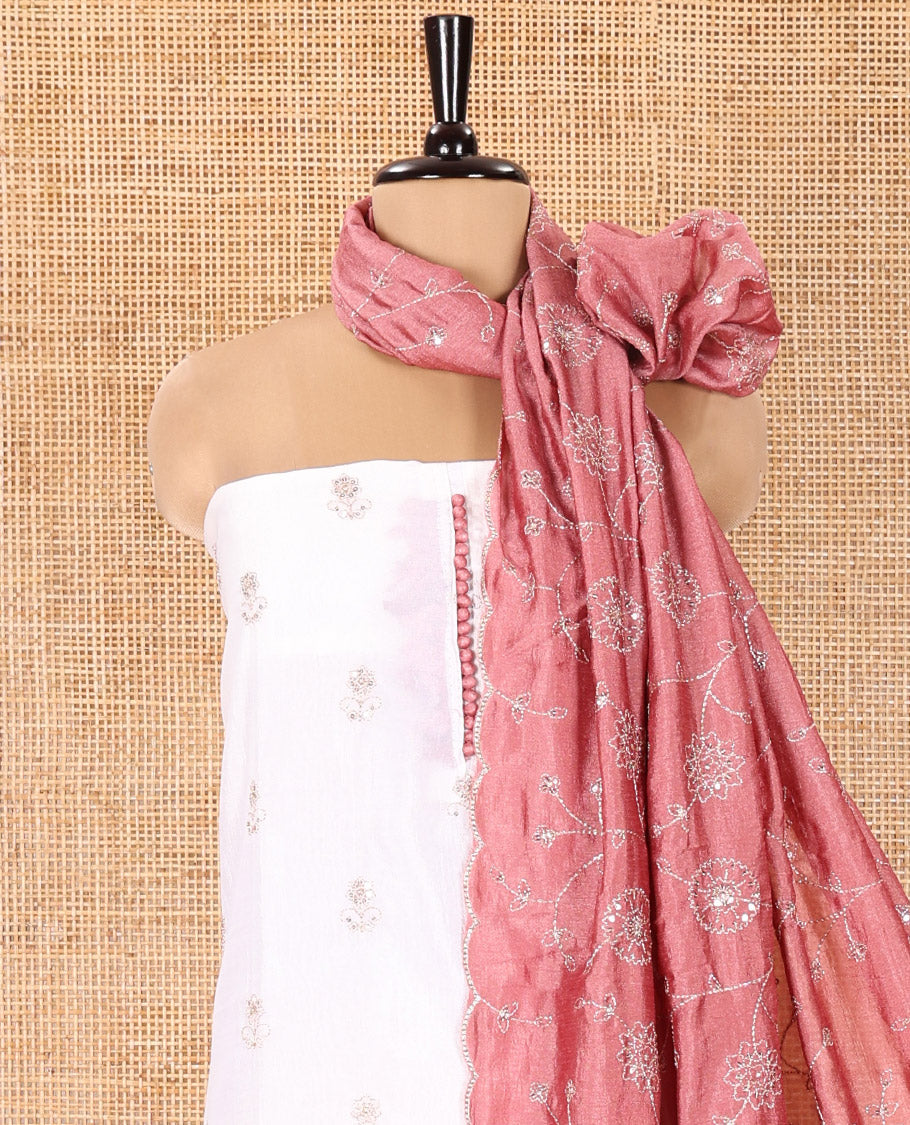 Cream with Pink Vichitra Silk Material Chudidar Set, Elevated with Gold Zari Buttas On Its Top, a Plain Santoon Bottom, and Comes with a Floral Vine Sequins Embroidered Dupatta