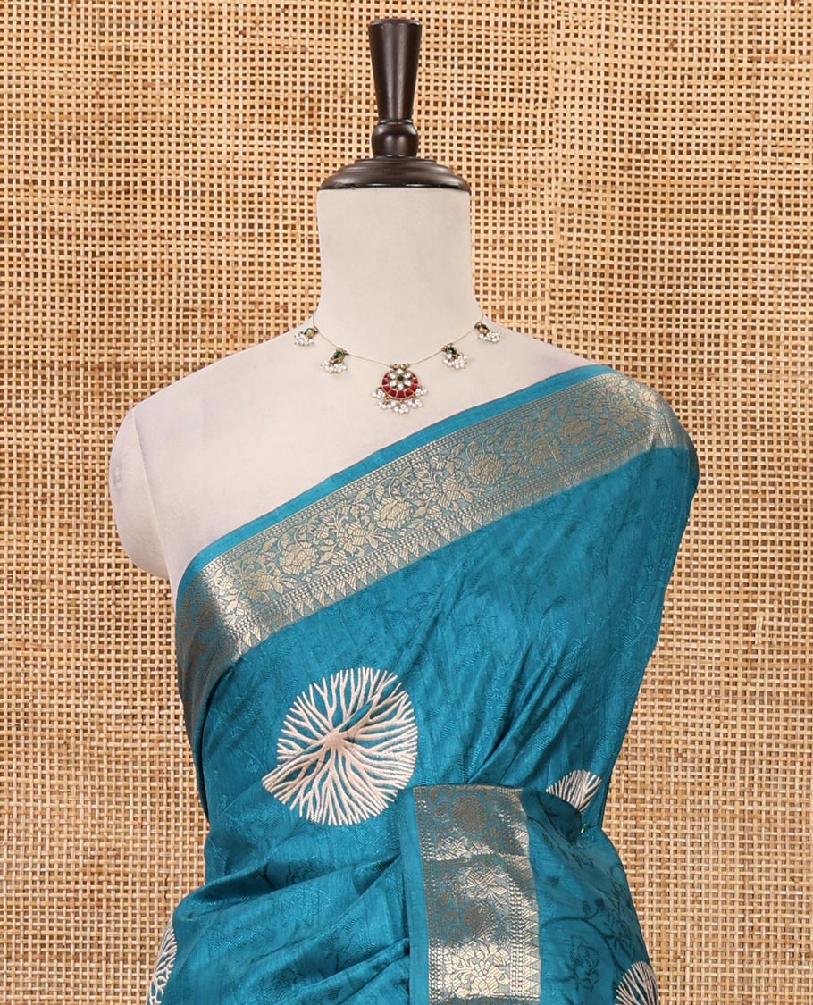 Peacock blue shibori printed fancy tussar saree, traditional zari border, shibori printed pallu & matching printed blouse with zari border