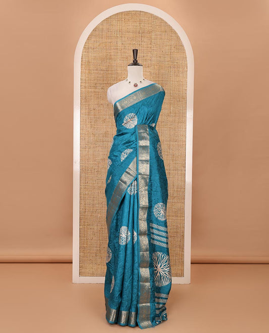 Peacock blue shibori printed fancy tussar saree, traditional zari border, shibori printed pallu & matching printed blouse with zari border