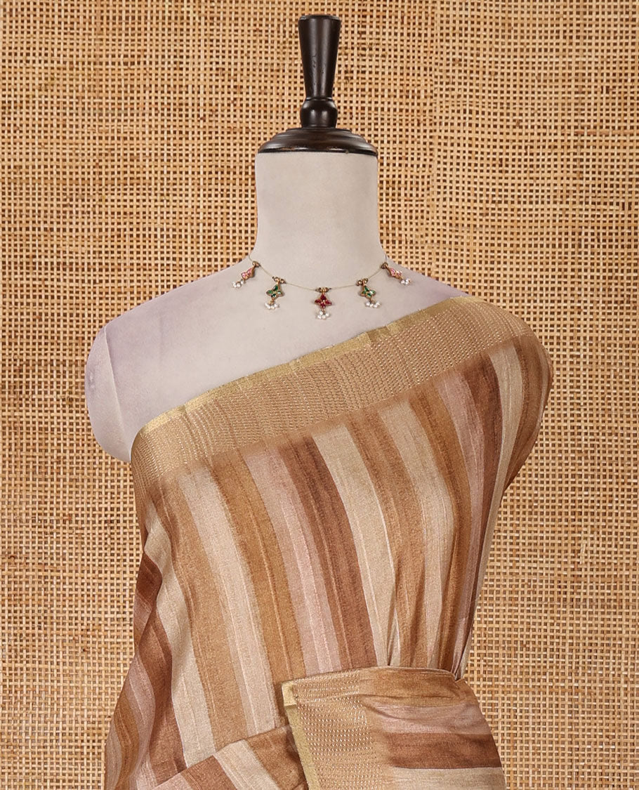 Chocolate brown hand brushing-style vertical stripes printed fancy tussar silk saree, zig zag-style zari woven border, zari pallu & striped blouse