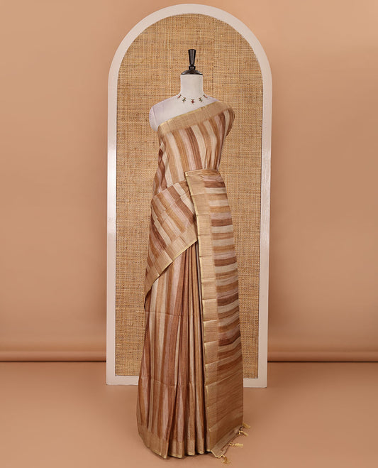 Chocolate brown hand brushing-style vertical stripes printed fancy tussar silk saree, zig zag-style zari woven border, zari pallu & striped blouse
