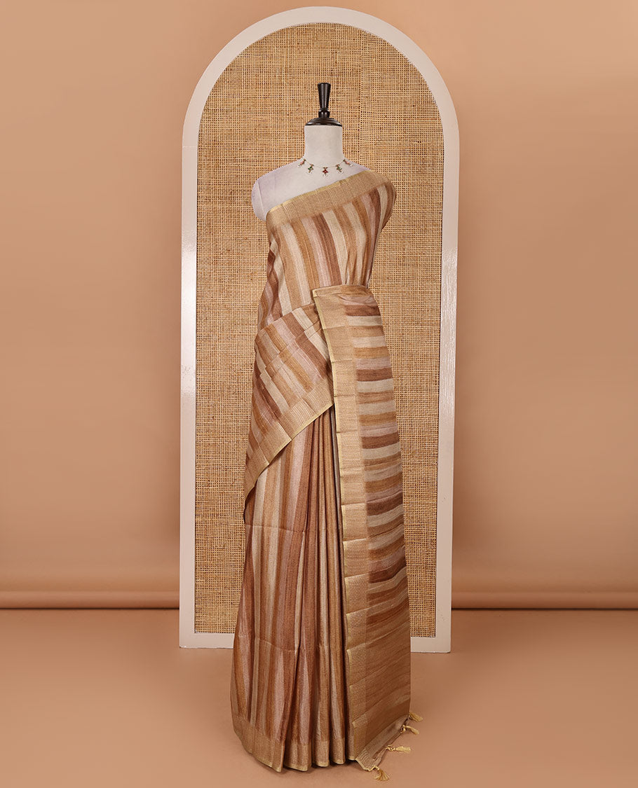 Chocolate brown hand brushing-style vertical stripes printed fancy tussar silk saree, zig zag-style zari woven border, zari pallu & striped blouse