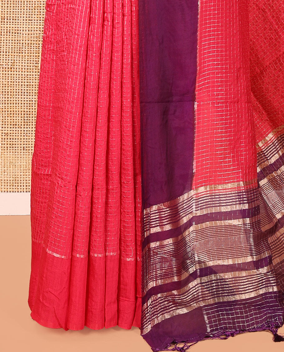 Pink Assam Silk Saree, Gleamed Up with Zari Checked Design on Its Body, Complemented by Contrast Border, Pallu Steeped with Gleaming Zari Stripes, and Paired with a Contrast Blouse