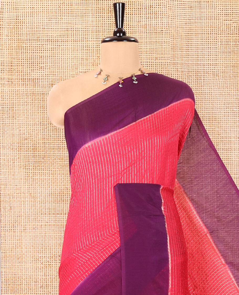 Pink Assam Silk Saree, Gleamed Up with Zari Checked Design on Its Body, Complemented by Contrast Border, Pallu Steeped with Gleaming Zari Stripes, and Paired with a Contrast Blouse
