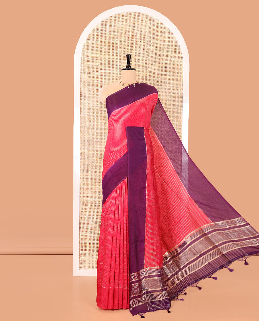 Pink Assam Silk Saree, Gleamed Up with Zari Checked Design on Its Body, Complemented by Contrast Border, Pallu Steeped with Gleaming Zari Stripes, and Paired with a Contrast Blouse